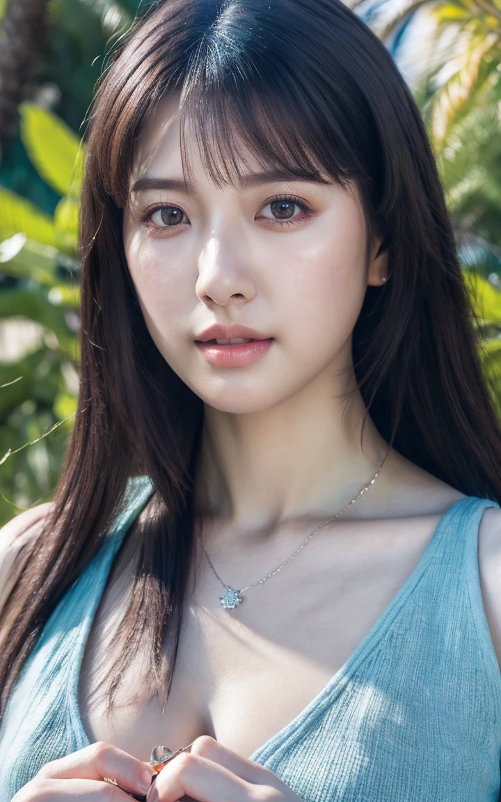 rinoa, blue duster, holding necklace, portrait body, unparalleled masterpiece, ultra realistic 8k CG, perfect artwork, clean, beautiful face, pure face, pale skin, intricate detail, prestige, gorgeous, luxury, garden, pink lips, perfect sunlight, beach, Palm tree