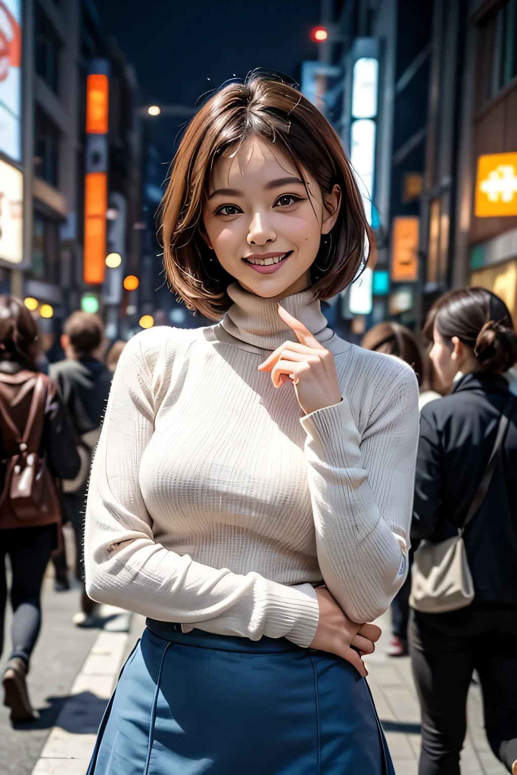 8K, RAW Photos, Highest quality, masterpiece, Realistic, Realistic, (1. The ultimate beauty), middle aged, Highly detailed face, Fine grain, double eyelid, eyelash, Grin, Beautiful Teeth, Lip details, Brunette Bob, (Blue Turtleneck Sweater), ((Brown mini skirt)), Cowboy Shot, Ginza Street in Tokyo, Cityscape, Soft Light, ((Written boundary depth)) 