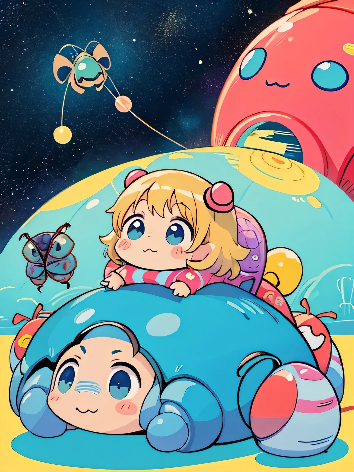 Keith Haring style, Kawaii Design, The most beautiful girl of all time、chibi, ((Colorful pillbug))、Space Travel、