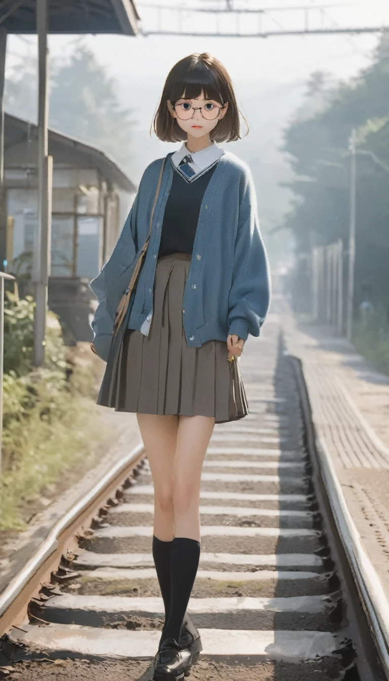 Highest quality、masterpiece、Perfect Anatomy、One Girl, Morning Clearance々Shi, Standing and waving, School Area, Rural Scenery, scenery, Round Glasses, School Cardigan, (Sleeves are longer than the wrist), Powerful loafers, Black ash two side up hair, Blunt bangs, Beautiful dark eyes, Black knee socks, Cinema Lighting, Upper Body, :3,Morning station, Unmanned station in the countryside, A humble station, Station platform