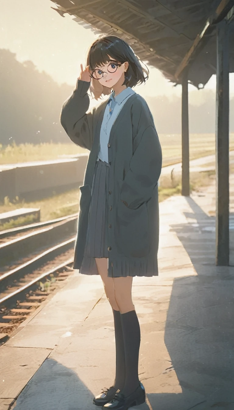 Highest quality、masterpiece、Perfect Anatomy、One Girl, Morning Clearance々Shi, Standing and waving, School Area, Rural Scenery, scenery, Round Glasses, School Cardigan, (Sleeves are longer than the wrist), Powerful loafers, Black ash two side up hair, Blunt bangs, Beautiful dark eyes, Black knee socks, Cinema Lighting, Upper Body, :3,Morning station, Unmanned station in the countryside, A station, Station platform