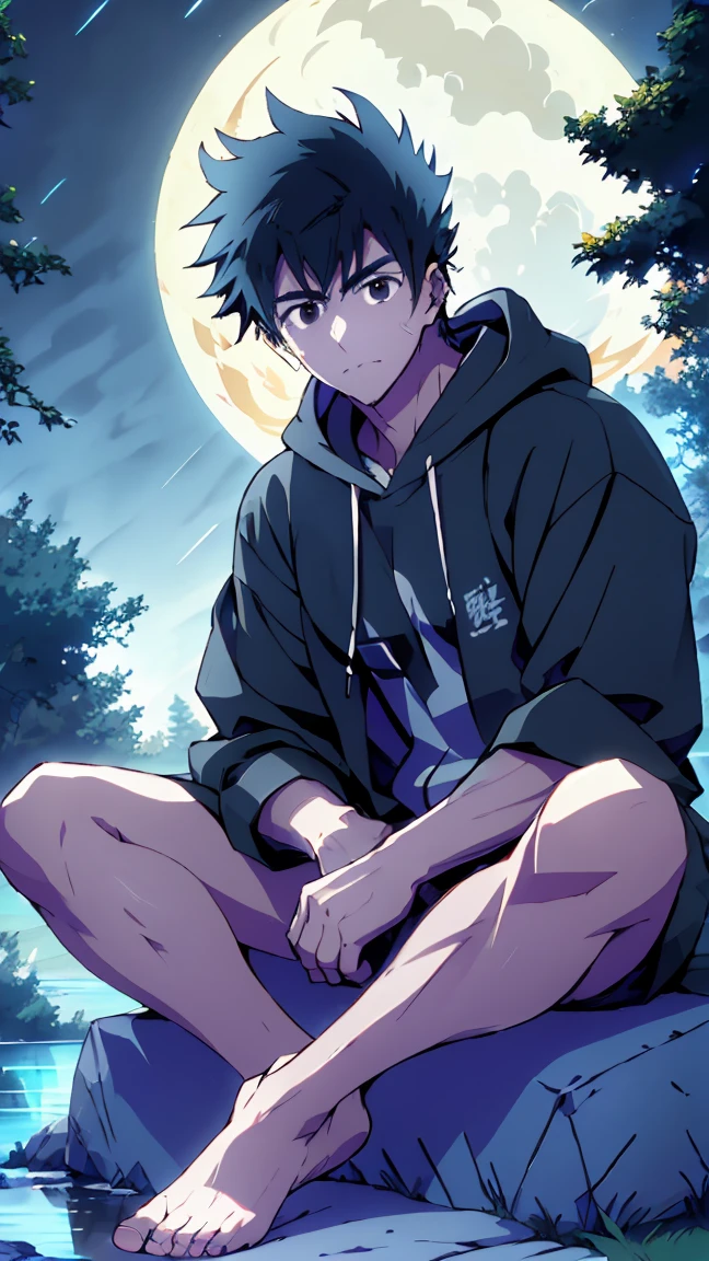((Highest quality)), ((masterpiece)), (detailed), Highest quality、High resolution、8K、A plain black hoodie、One adult male、33 years old、Sharp black eyes、Slightly permed black hair、Japanese anime-like style、超High resolutionかわいい萌えアニメ8k、handsome face manly、Slender and muscular、barefoot、sitting on a stone、Spread your legs、night、Forest landscape、lake、darkness、Surrounded by lots of fireflieoonlight