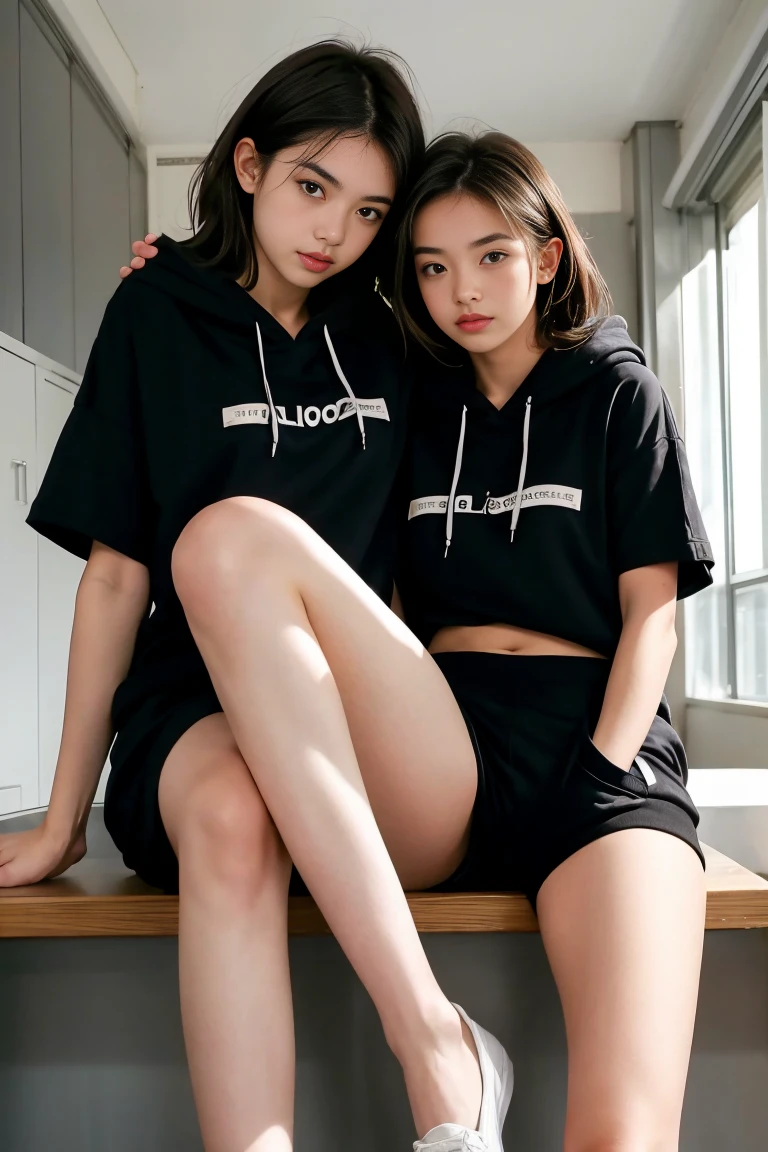 deux femmes ensemble de 18 ans sexy et mince , black short sleeve hoodie , salle de classe, se touche,position sey,sensuel,visible legs,