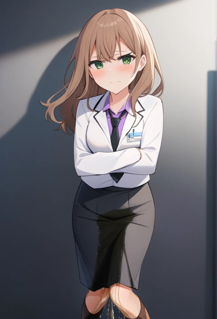 masterpiece,colorful,best quality,solo,1girl,boots,green eyes, highres, looking at viewer,standing, labcoat, (purple t-shirt, black high heels),(very long pencil skirt:1.5) brown hair, hands in pockets,wetting her clothes(peeing self,urination:1.4)necktie(wetting herself:1.5), (desperation:1.75),(arms crossed:1.5)