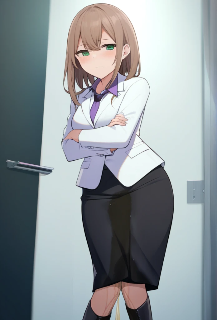 masterpiece,colorful,best quality,solo,1girl,boots,green eyes, highres, looking at viewer,standing, labcoat, (purple t-shirt, black high heels),(very long pencil skirt:1.5) brown hair, hands in pockets,wetting her clothes(peeing self,urination:1.4)necktie(wetting herself:1.5), (desperation:1.75),(arms crossed:1.5)