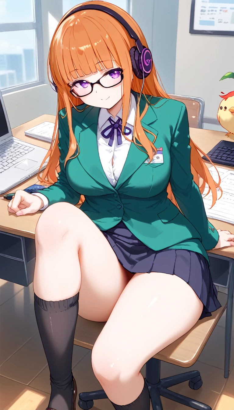 A woman is sitting in a chair with a laptop, 厳格な黒のWearing a business suit, sitting on the desk, In a strict suit, on the desk, Dressed in a strict suit, Japanese Goddess, Knee socks and skirt, She sat at the desk, Sitting at the table, Sitting at a desk, Wearing a business suit, Elegant legs, Facing forward seductively, Crossing your legs, Sakura Futaba, Orange Hair, Blunt bangs, Purple eyes, Purple eyes, Glasses, White button-up shirt, Headphones, chic, Green jacket, Thick thighs