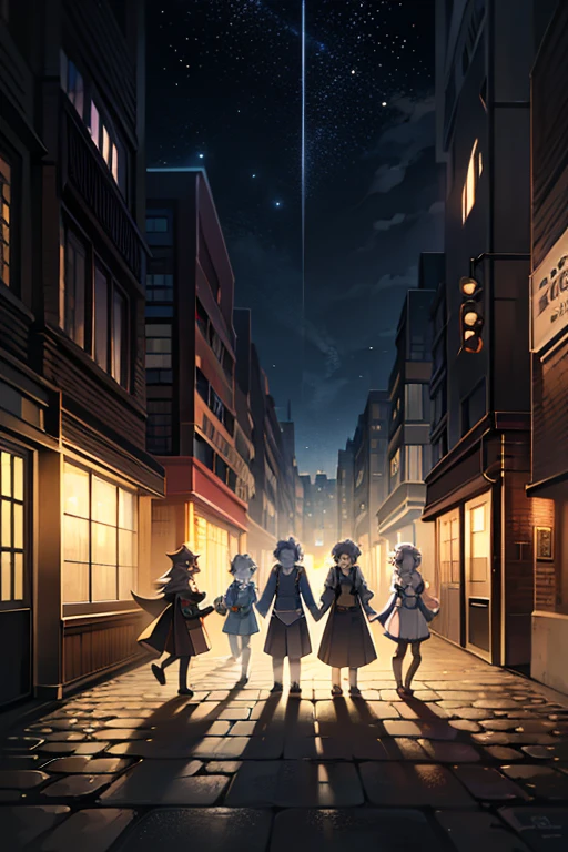 During a day,noon,a Beatles-inspired group of four people wark across a crosswalk, reminiscent, reminiscent of the Abbey Road album cover. BREAK Each of the four individuals is dressed differently, walking in sync. BREAK 馬車 and buildings surround them, atmosphere.Break masterpiece,ultra quality,best quality,ultra detailed,super detailed,super fine illustration,8K,8K quality,in 8K,8K background,beautiful background,anime style,artistic,perfect body,perfect face,perfect hands,Break long coat,smile