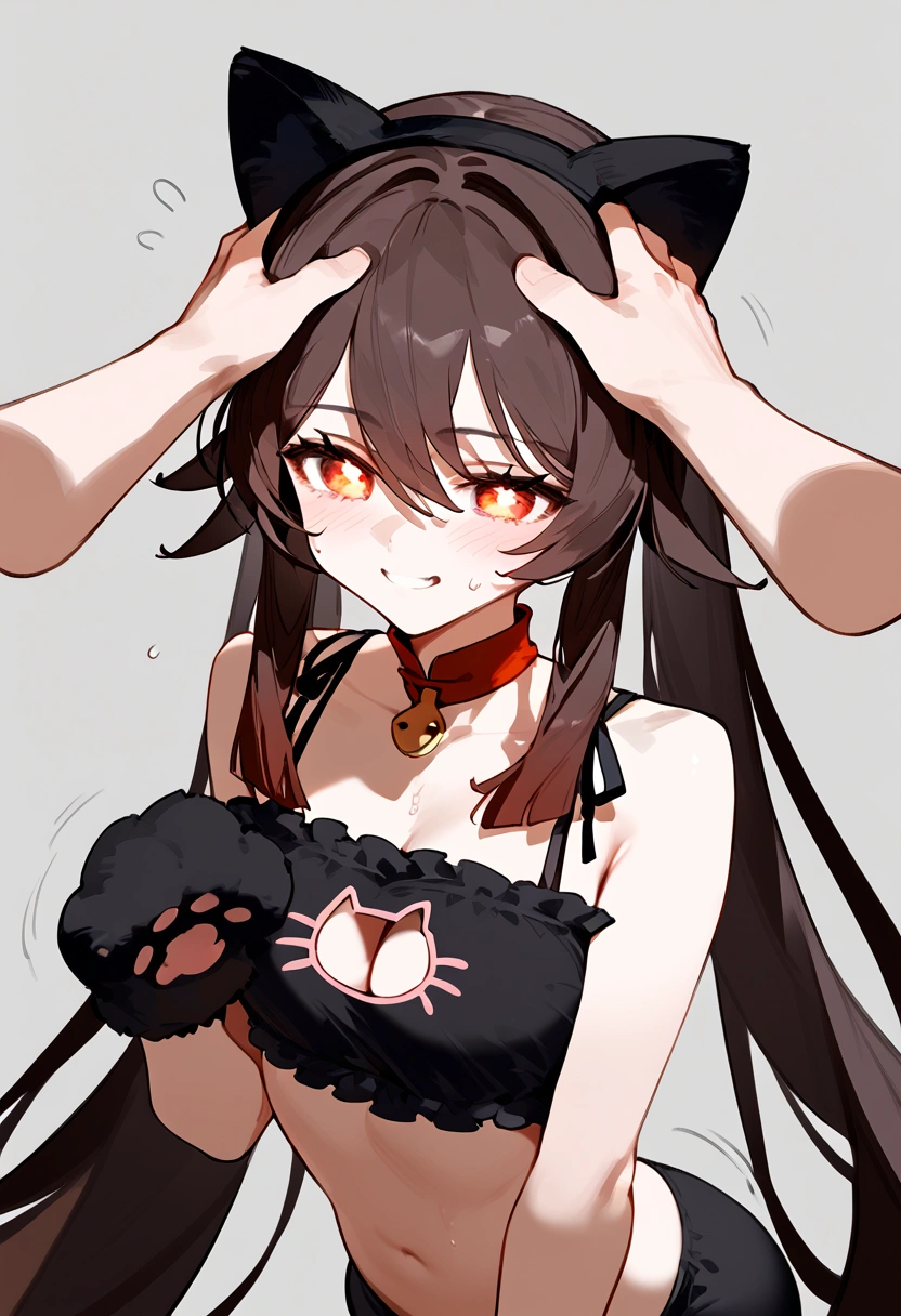 anime artwork, score_9, score_8_up, score_7_up, score_6_up, score_5_up, score_4_up, hu tao, she is 24 years old, style_3, gray background, , , , , _, fake cat ears,, smile, solo, cat lingerie, paw gloves, disembodied hand on her head from top, headpat , nervous sweating , motion lines,