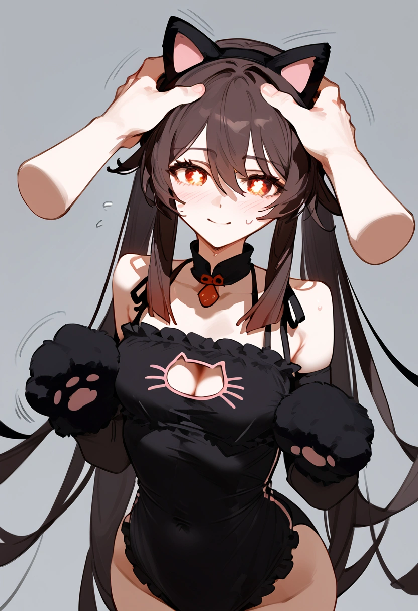 anime artwork, score_9, score_8_up, score_7_up, score_6_up, score_5_up, score_4_up, hu tao, she is 24 years old, style_3, gray background, , , , , _, fake cat ears,, smile,  solo, cat lingerie, paw gloves, disembodied hand on her head from top, headpat , nervous sweating , motion lines, 