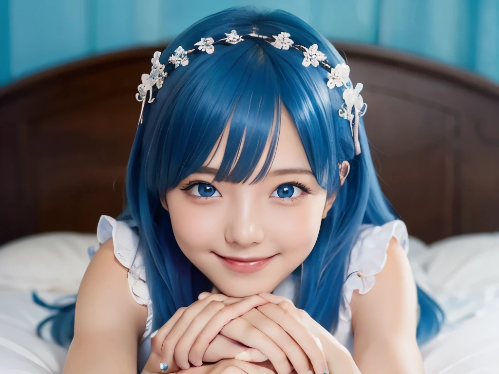 ((masterpiece)), ((Highest quality)), (Super detailed), pretty girl, One girl, alone, , ((Beautiful Eyes)), smile,On the bed, Beautiful Blue Hair