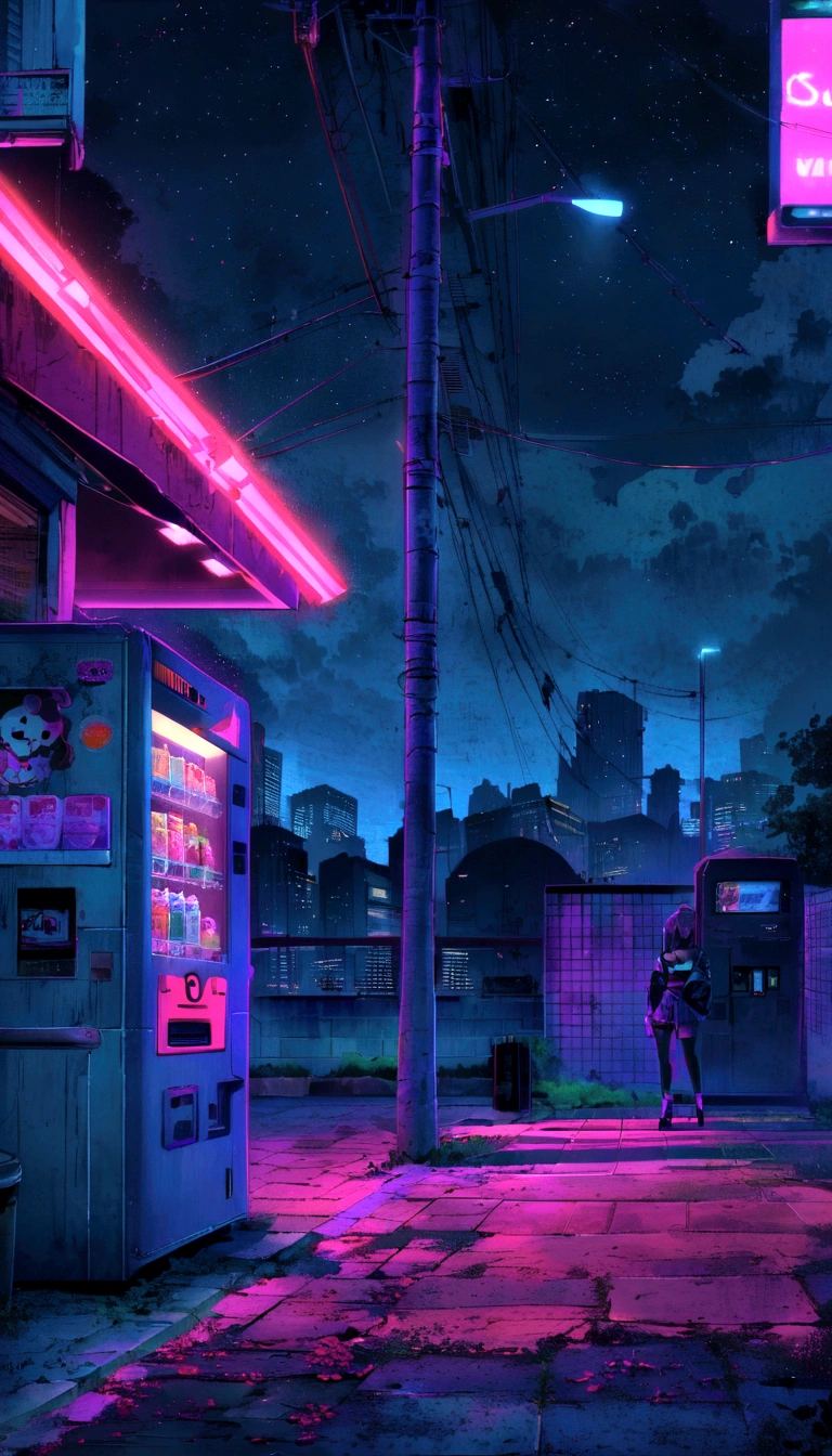 a dark and neon city street with a vending machine and a neon sign, cyberpunk vibe, cyberpunk vibes, cyberpunk aesthetic, cyberpunk aesthetics, synthwave aesthetic, cyberpunk atmosphere, 8 0 s anime vibe, anime vibes, anime aesthetic, cyberpunk art style, aesthetic cyberpunk, dreamy colorful cyberpunk colors, in cyberpunk aesthetic, synthwave style, cyberpunk streets at night