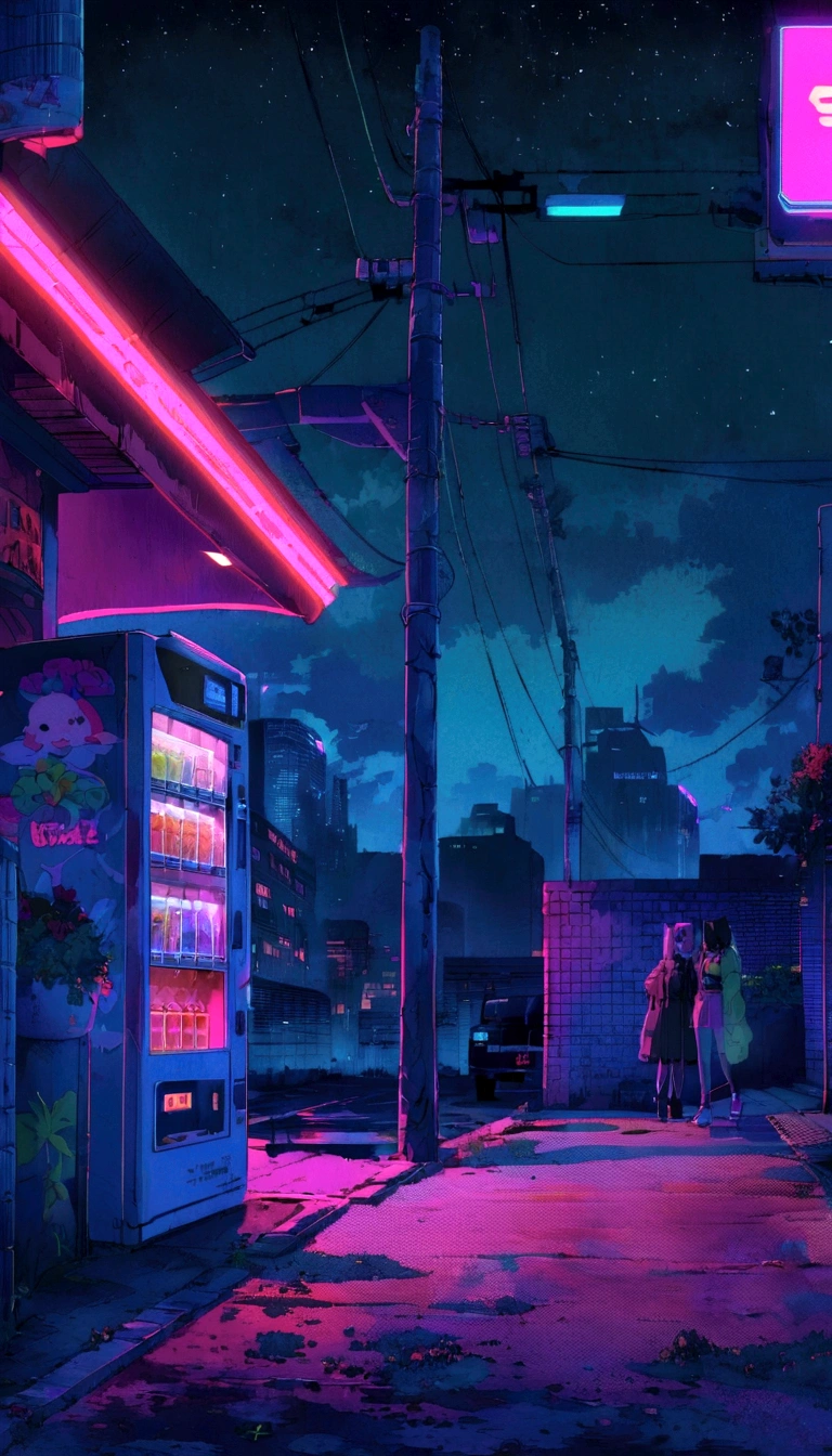 a dark and neon city street with a vending machine and a neon sign, cyberpunk vibe, cyberpunk vibes, cyberpunk aesthetic, cyberpunk aesthetics, synthwave aesthetic, cyberpunk atmosphere, 8 0 s anime vibe, anime vibes, anime aesthetic, cyberpunk art style, aesthetic cyberpunk, dreamy colorful cyberpunk colors, in cyberpunk aesthetic, synthwave style, cyberpunk streets at night