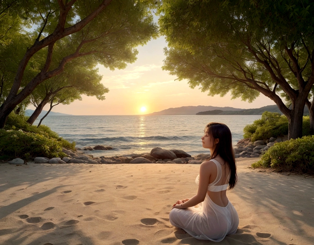 make a Brazilian girl with high definition of facial expressions, beautiful in white with transparent clothes almost like an angel praying. Create an inspiring image for a morning prayer that brings peace and encouragement to people of all faiths. The image should convey a sense of tranquility, Hope and unity. Include the following elements: Scenery at Dawn: Show a beautiful sunrise in a natural environment, SOM uma montanha, beach or countryside, symbolizing a new beginning and endless possibilities. Nature Elements: Include trees, flowers, or a serene body of water, that bring a feeling of calm and connection with nature. People in meditation: Show some people from different backgrounds and cultures sitting or standing, in meditation or prayer postures, symbolizing unity and diversity. smooth light: Use soft, warm light to highlight the serenity and peace of the moment, with sunbeams softly illuminating the scene. Inspiring Text: Include a short, inspiring message in the image, SOM "Start your day with peace and hope" in an elegant and subtle font. The image should evoke feelings of gratitude, joy and serenity, inspiring viewers to start their day in a positive and centered way.
