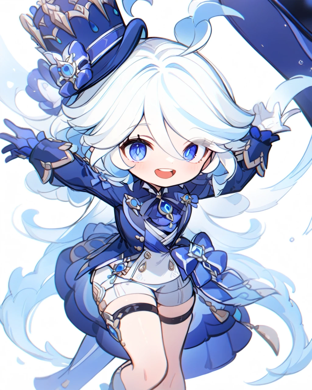 masterpiece,best quality,1 Girl, Forrina \(Genshin Impact\), Genshin Impact, Hair whorl, top hat, Blue Jacket, Blue Ascot, Blue brooch, end, Simple background, open mouth, Blue headdress, Striped hair, Upper teeth only, Solitary, Long hair, Light blue hair, White background, Smile, White hair, Ahog, mismatched gloves, White gloves, Long sleeve, Hair between the eyes, Blue Gemstone,chibi，Cartoon，Funina，