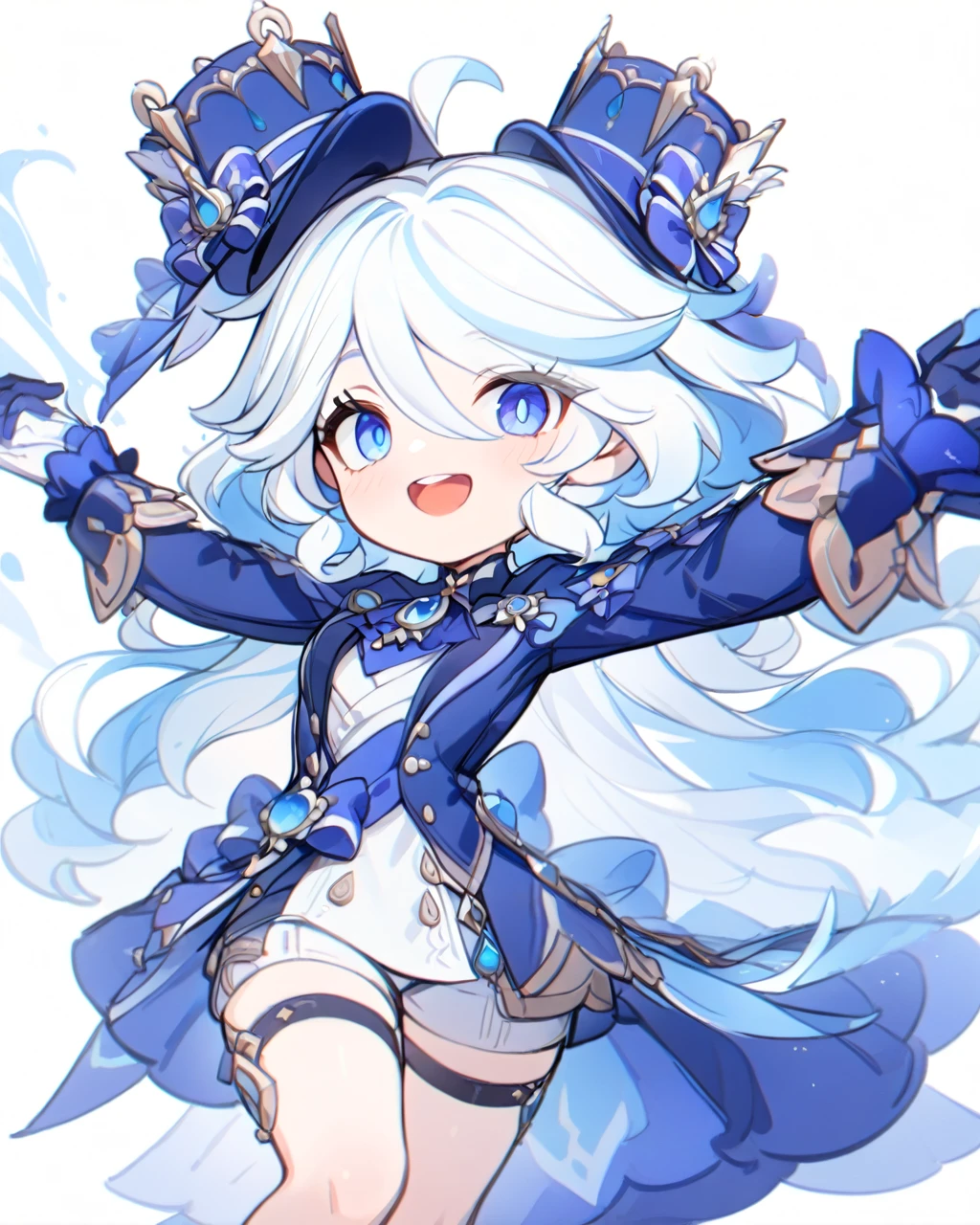 masterpiece,best quality,1 Girl, Forrina \(Genshin Impact\), Genshin Impact, Hair whorl, top hat, Blue Jacket, Blue Ascot, Blue brooch, end, Simple background, open mouth, Blue headdress, Striped hair, Upper teeth only, Solitary, Long hair, Light blue hair, White background, Smile, White hair, Ahog, mismatched gloves, White gloves, Long sleeve, Hair between the eyes, Blue Gemstone,chibi，Cartoon，Funina，