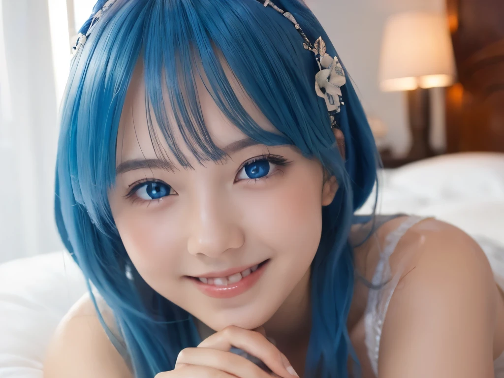 ((masterpiece)), ((Highest quality)), (Super detailed), pretty girl, One girl, alone, , ((Beautiful Eyes)), smile,On the bed, Beautiful Blue Hair