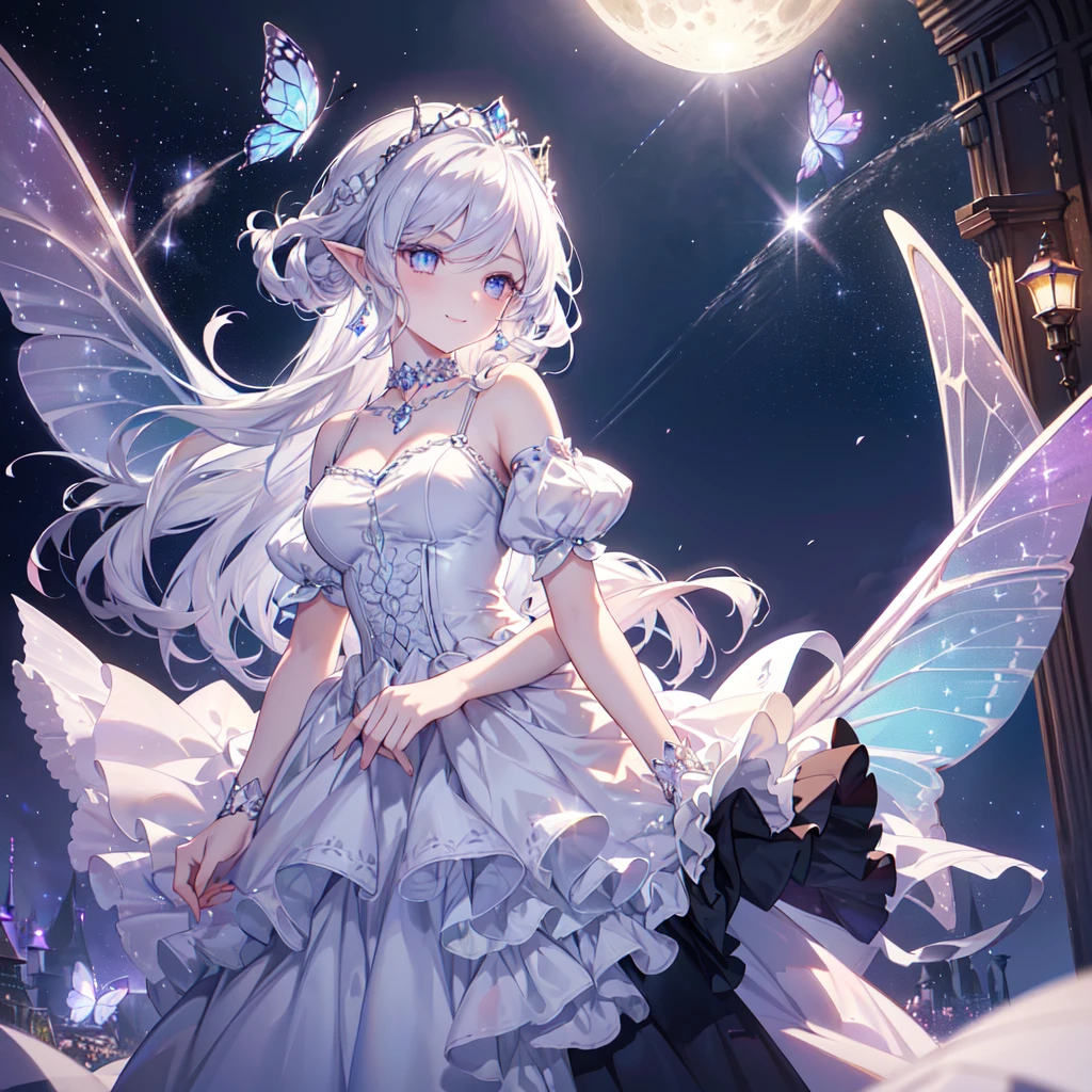 (masterpiece,Highest quality, Very detailed, beautiful, Exquisite, 16K, Full HD),((Dynamic Angle)), (((Moonlit Night,full moon,Starry Sky,meteor群,meteor,))),((smile,kind,smile,)),(Wish,pray:1.2),((Frills, Rhinestones, silver and diamonds,Light blue fluffy layered ball gown)),((Diamond Sparkle)),((Butterfly Wings)),(Diamond Tiara,Diamond Choker,Diamond Earrings,Diamond Shoes,),(Golden medium hair,Hair blowing in the wind, Fluffy hair),(White skin,Lavender eyes, Long eyelashes, Big eyes,Pale pink cheeks, Pointed Ears), (Tabletop, Art Station, Fantasy art:1.2),