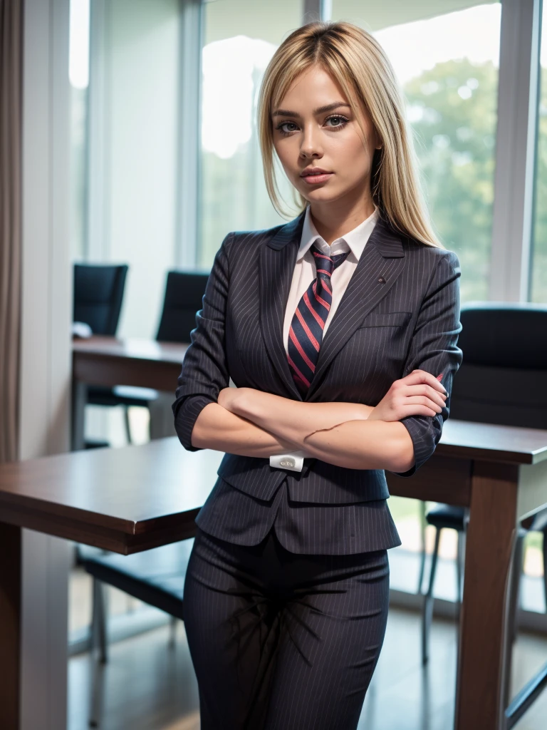 (masutepiece,High quality,16k:1.1),(depth of fields:1.3) ,((front body:1.35)), Ukrainian ,Woman, blonde,makeup,((business suit, black vertical striped pencil skirt )), voluptuous, thicc,(arms crossed:1.5) (wetting herself:1.5), (desperation:1.75),standing ,necktie peeing self, wetting her clothes