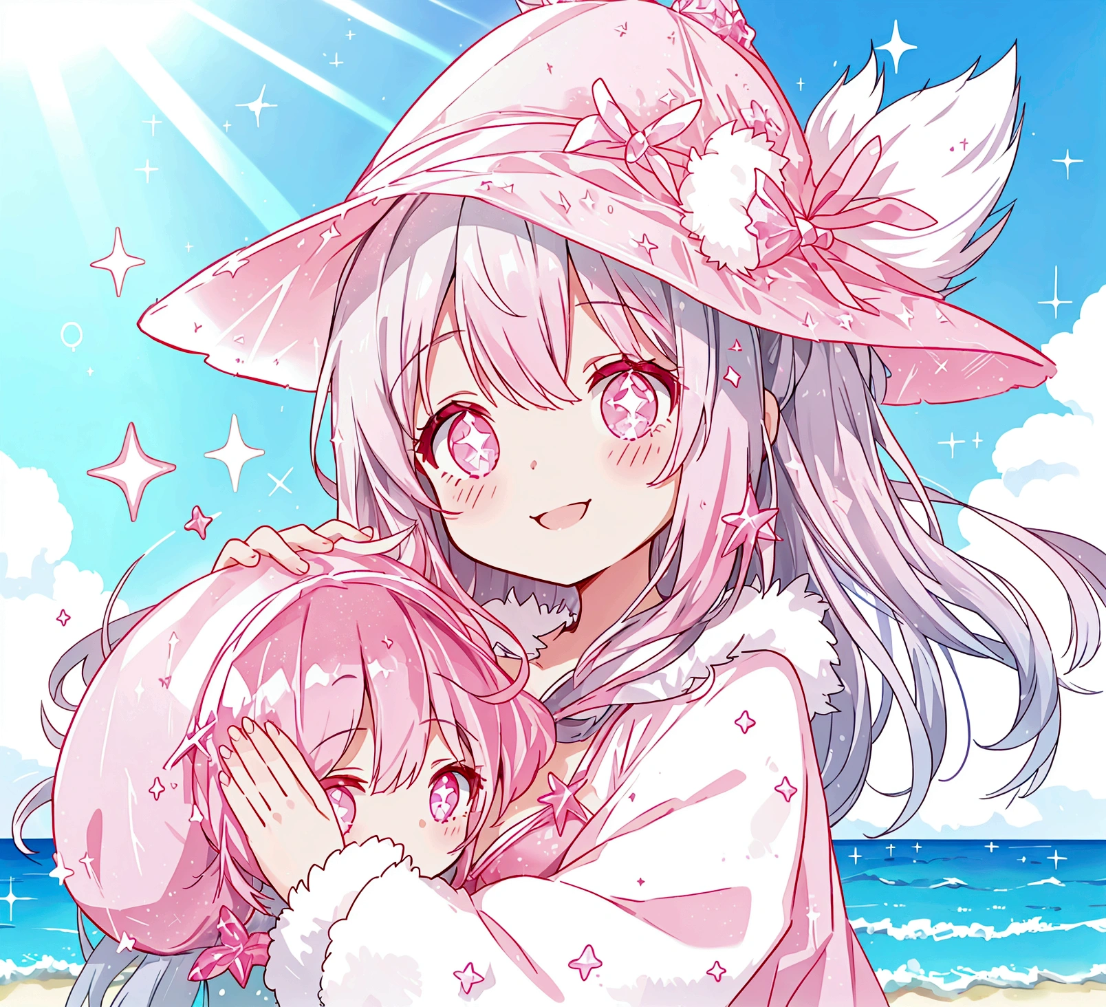 summer、1 girl、((Silver fur))、((Pink sparkly eyes))、A sloppy smile、Open your mouth、Swimwear、Highest quality、Ocean