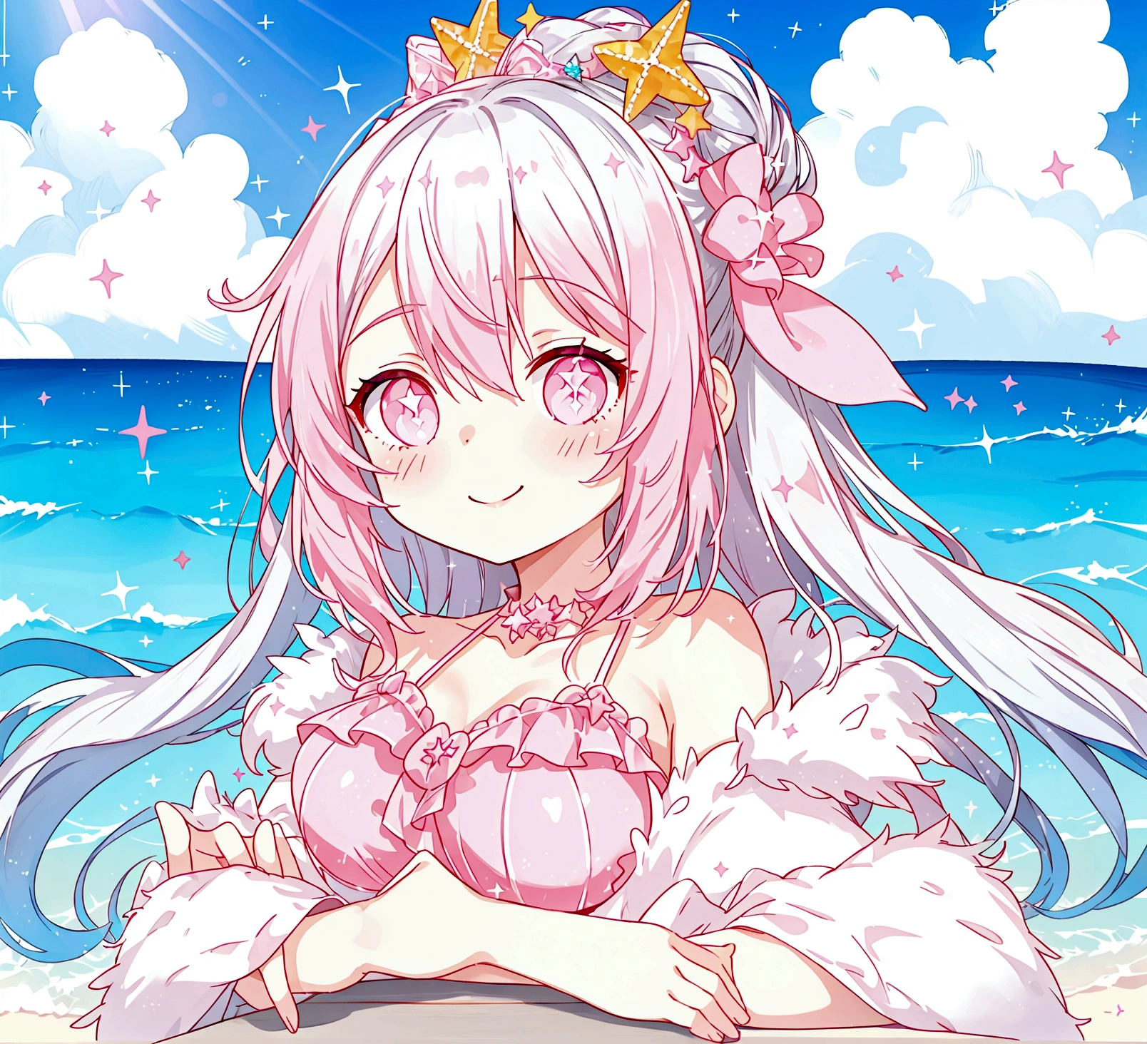 summer、1 girl、((Silver fur))、((Pink sparkly eyes))、A sloppy smile、Open your mouth、Swimwear、Highest quality、Ocean