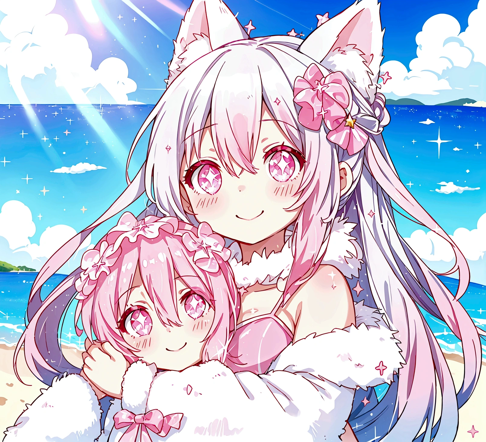 summer、1 girl、((Silver fur))、((Pink sparkly eyes))、A sloppy smile、Open your mouth、Swimwear、Highest quality、Ocean