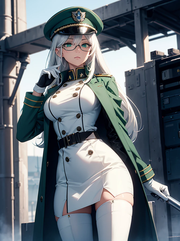 masterpiece, best quality, beautiful girl, white hair with green color inner, green eyes color, blue military uniform, mature_female, eyes glasses , white gloves, anime, blue military hat, very_long_hair, perfect body, red ribbon, commander, science_fiction, black knee-high boots, white pants, cowboy_shot , large_breasts, ultra-detailed, high quality, modern military uniform, sci-fi, dark blue Trench Coat, 1girl, 4k, military base ,perfect hands