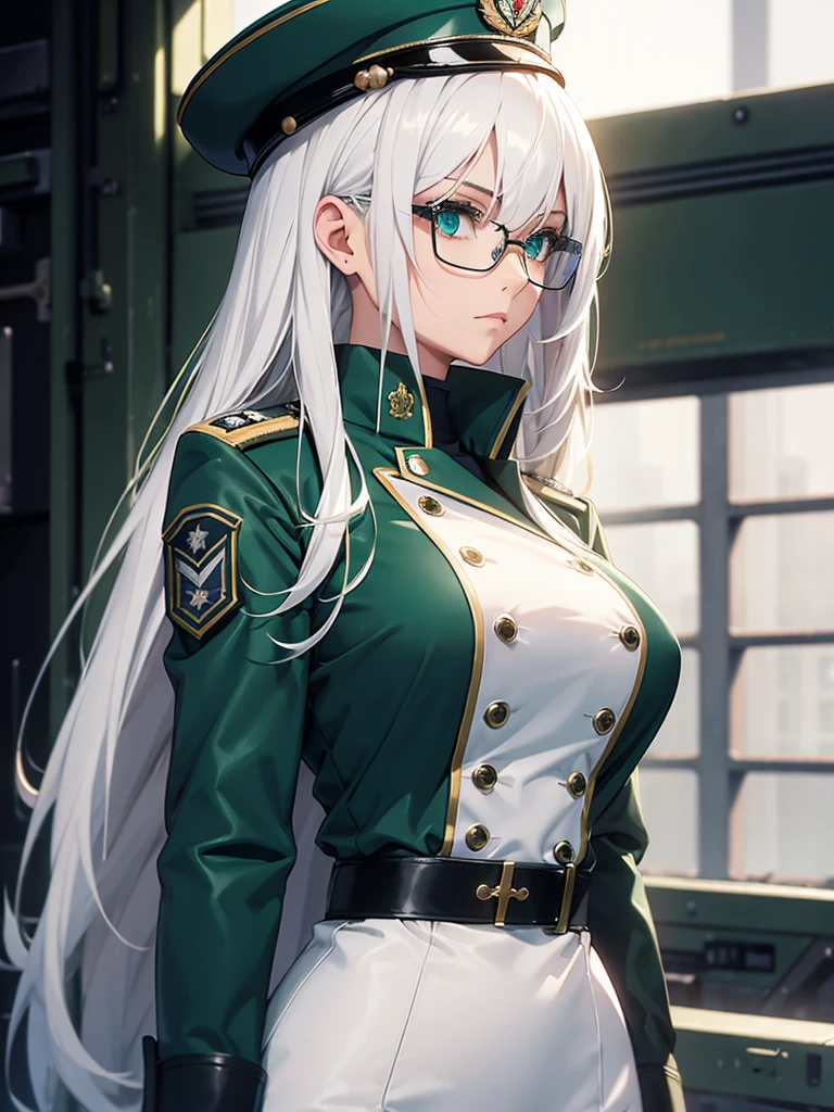 masterpiece, best quality, beautiful girl, white hair with green color inner, green eyes color, blue military uniform, mature_female, eyes glasses , white gloves, anime, blue military hat, very_long_hair, perfect body, red ribbon, commander, science_fiction, black knee-high boots, white pants, cowboy_shot , large_breasts, ultra-detailed, high quality, modern military uniform, sci-fi, dark blue Trench Coat, 1girl, 4k, military base ,perfect hands