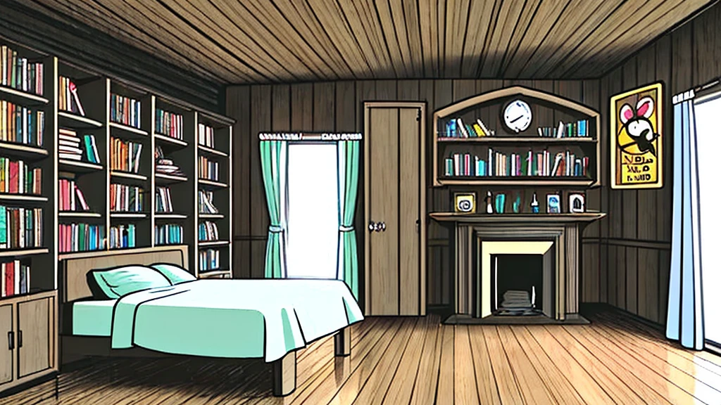 Disney cartoon style, a stylish and classic room in the 1960s in America, with a wooden baseboard, a plain floor, one wall of the room is covered with a classic wooden bookcase that is full of books, a stylish fireplace in be a room.