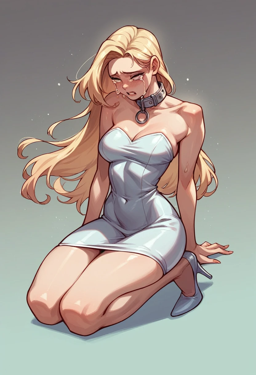 Sexy blonde pale with long hair girl. . (perfect quality ).. (oily skin) . . Thick collar.bodycon dress . . . . Handcuffed. .. . . high heels. . Crying . .