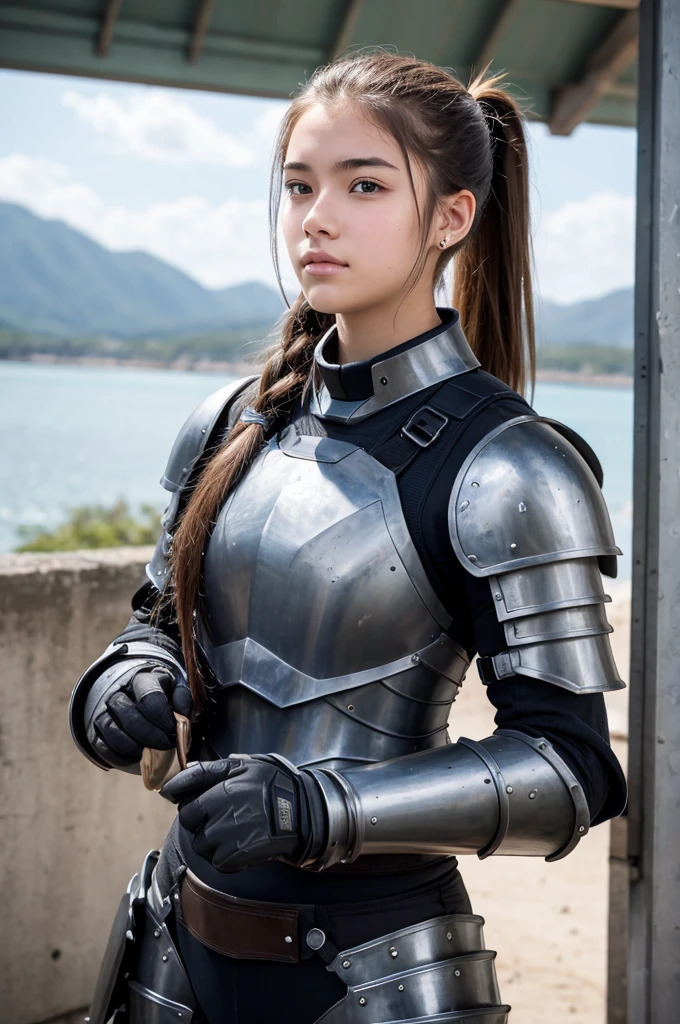 18-year-old American with a ponytail, wearing heavy armor