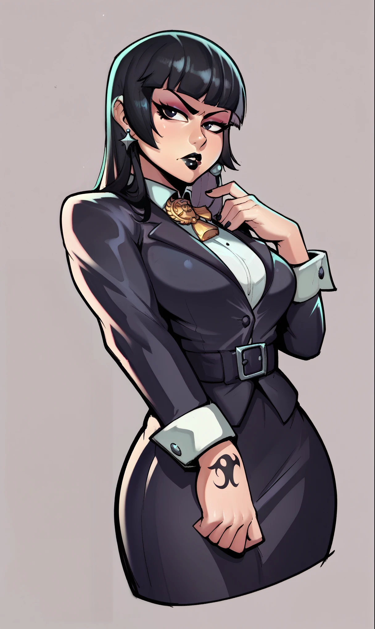 score_9, score_8_up, score_7_up, 1girl, simplified background, Asian, mafia business outfit, , sunny, lovely, hime cut hair, scowl, black lips, black eyes, tattoos
