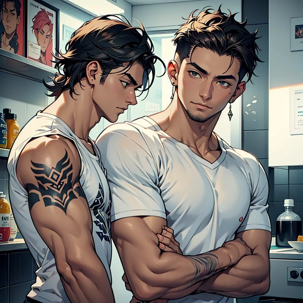 ((Best Quality)) ((high definition quality)), ((Masterpiece)), (detailed), ((without errors)), ((no duplicate limbs))
Create a modern apartment, two figures stand out in a dim and warm room. Cipriano, a muscular Argentinian man in a tight white t-shirt, shows tattoos on his arms and chest. With short punk messy hair and well-groomed beard, Her skin is brown and her eyes are emerald green., having sex with her boyfriend Min-Joon, a young Korean man with an urban style, He wears a white t-shirt. Tender and sweet face like a kpop idol, White skin, perfectly shaved, His body is smaller and skinnier than Cipriano. His posture is relaxed but full of energy, His dark, messy hair falls over his forehead., and his tattoos cover his neck and arms. He enjoyed Cipriano's touch, showing an expression of sexual pleasure.. Cipriano gently kisses Min-Joon's neck while holding his waist in a sensual and erotic way. The room is partially illuminated by the city lights coming through the window., creating an intimate and passionate atmosphere.
Cipriano is the active and dominant one while Min-Joon is the passive one in the relationship.