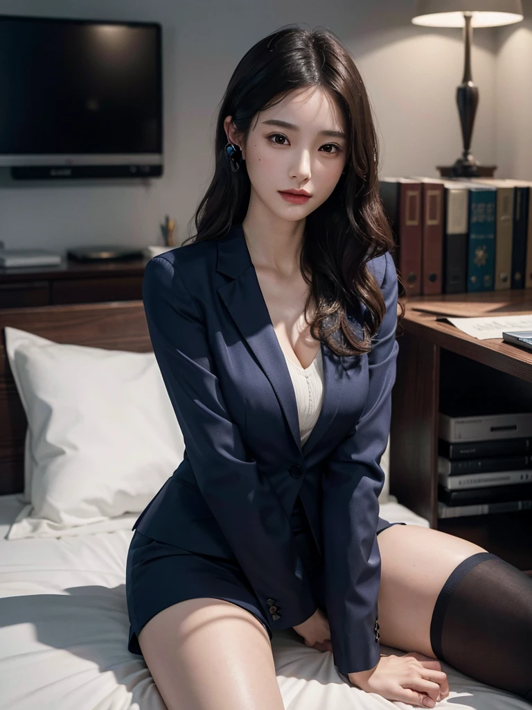 absurdres, RAW photo, extremely delicate and beautiful, masterpiece, Best Quality, ultra high resolution, 32k, hyperrealistic, ultra-detailed, perfect anatomy, super Detailed skin, perfect figure, Very detailed CG 8k wallpaper, in her 20s, very Slim body, narrow waist, very small head, very small face, delicate facial features, tearful mole, earring, thin legs, very huge round breasts, full body shot, shorter middle hair, wavy hair, ((office lady suit)), blazer, wet, bed,