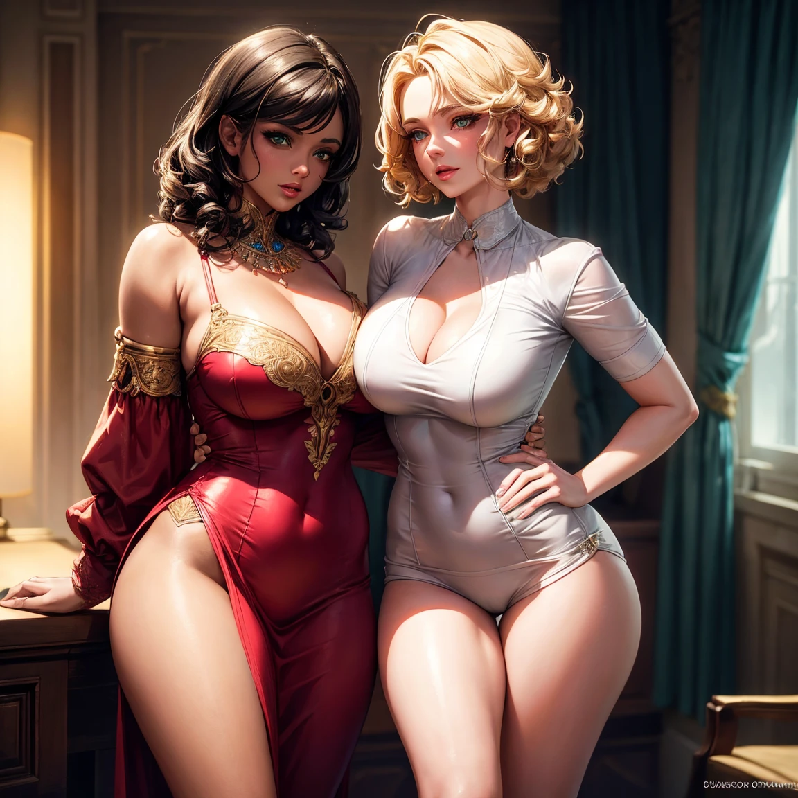 a woman, 1girl, gold retro curl cut hair, big breasts, green eyes, happy face, sexy white short nurse outfit, full body, hospital room, incredibly sexy body, detailed face, beautiful detailed eyes, beautiful detailed lips, extremely detailed eyes and face, long eyelashes, intricate details, highly detailed, photo realistic, 8k, best quality, masterpiece, cinematic lighting, dramatic lighting, vibrant colors, fantasy, digital art, concept art