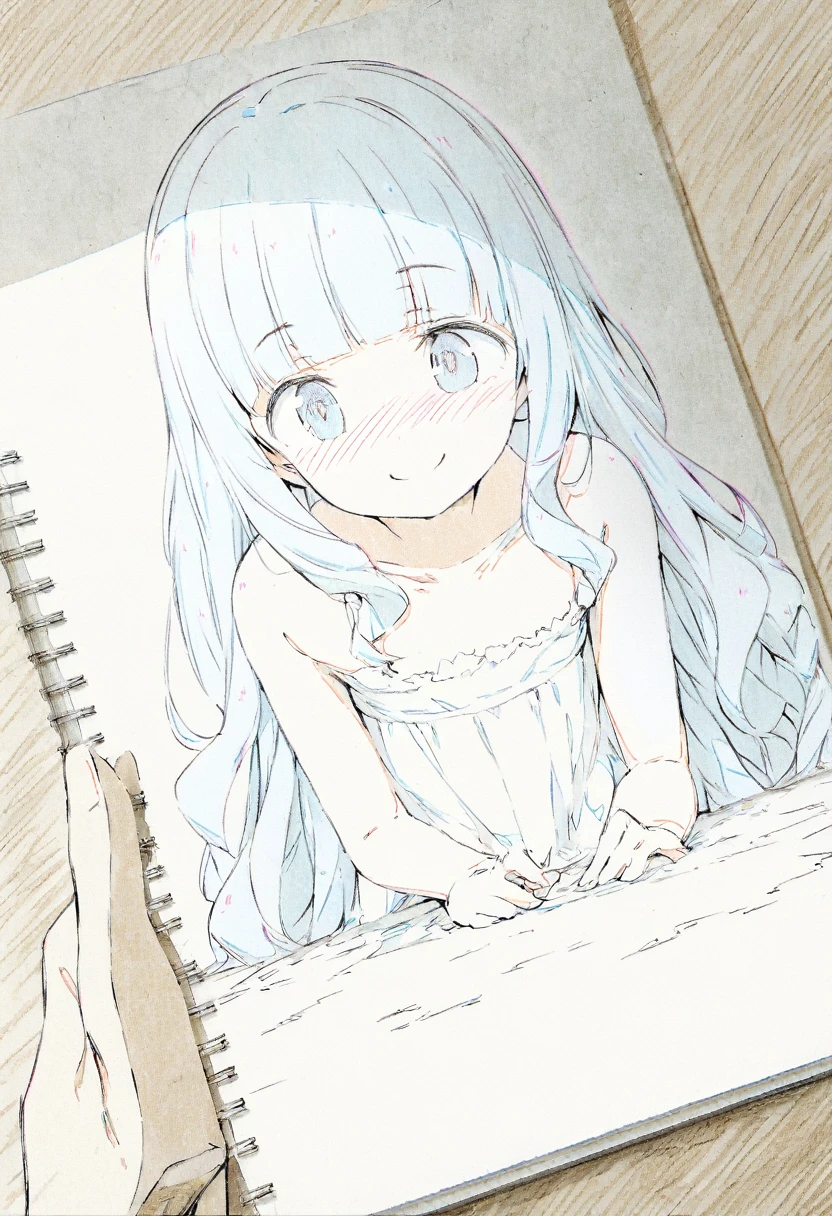 masterpiece, best quality, extremely detailed, (illustration, official art:1.1),adorable face、 1 girl ,(((( light blue long hair)))),pale blue hair,, long hair ((blush)) , cute face, big eyes, masterpiece, best quality,(((((a very delicate and beautiful girl))))),Amazing,beautiful detailed eyes,blunt bangs((((little delicate girl)))),tareme(true beautiful:1.2), sense of depth,dynamic angle,,,, affectionate smile, (true beautiful:1.2),,(tiny 1girl model:1.2),)flat chest、(highest quality,4K,8k,High resolution,masterpiece:1.2),Very detailed,Pencil sketch,Grekari,Monochrome,Redrawing the picture,(flat,2D,2D) black and white sketch,Pencil drawing,Fine Lines,Shading and Hatching,Change the line thickness,Fine details,Sketching Techniques,artistic stroke,Contrast,depth,cross hatching,texture simulation,sketchbook,artistic expression,dynamic composition,Expressive,Impressionist,Hand-drawn style,perspective,Light and shadow,texture,Tone Value,composition,retro style,Romantic atmosphere,Classic, timeless,Pencil marks,vintage feel,paper texture,Roughness,Visual Storytelling,emotion,Exciting,Diagram,Precise contours,subtle gradients,dramatic effect,Attention to detail