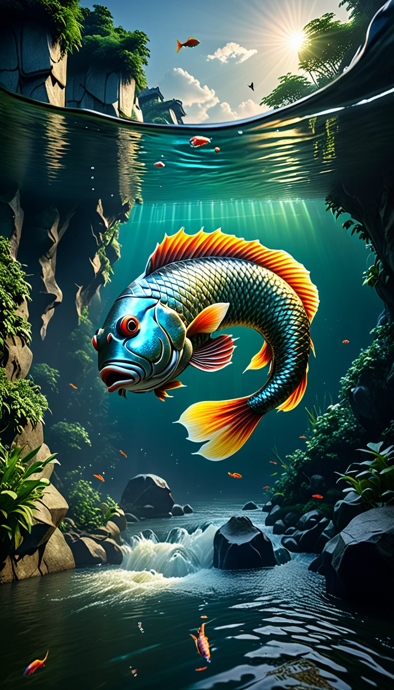 Mythical creatures in Shan Hai Jing,A fish with a human head swimming in the river,Highly detailed,4K,8K,high resolution,masterpiece,Ultra Detailed,lifelike,Photo Realism,照片lifelike,Extremely detailed animals,Complex patterns,Dramatic lighting,Fantasy creature composition,Vast landscape