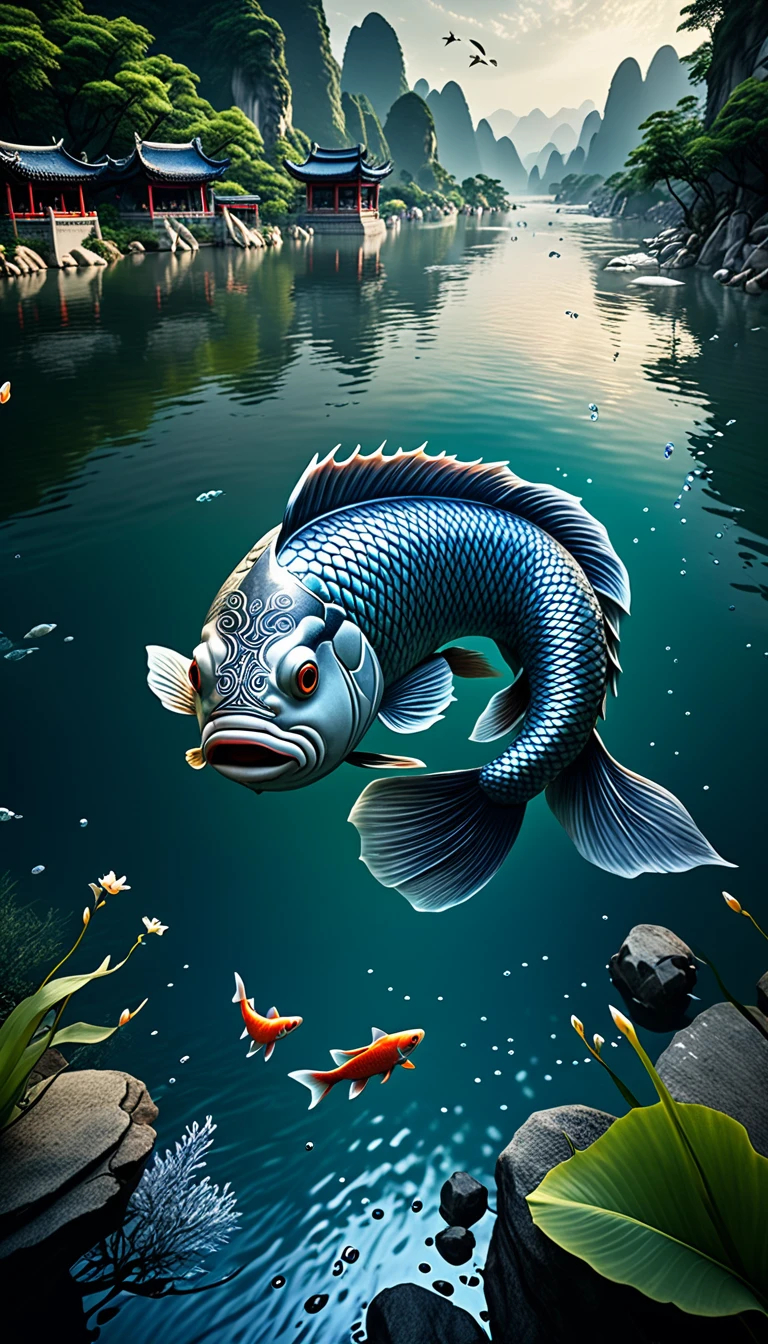 Mythical creatures in Shan Hai Jing,A fish with a human head swimming in the river,Highly detailed,4K,8K,high resolution,masterpiece,Ultra Detailed,lifelike,Photo Realism,照片lifelike,Extremely detailed animals,Complex patterns,Dramatic lighting,Fantasy creature composition,Vast landscape