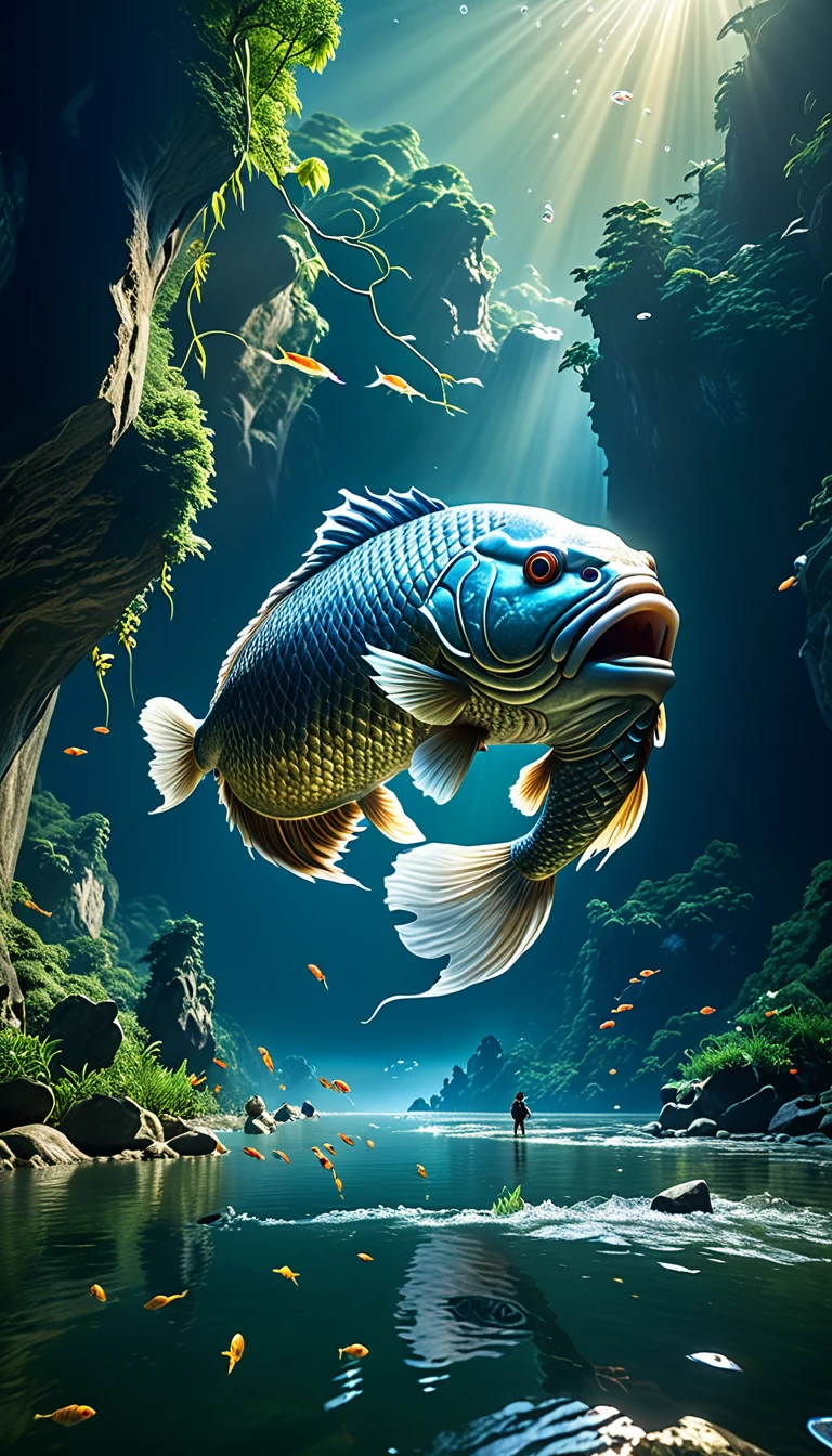 Mythical creatures in Shan Hai Jing，A fish with a human head swimming in the river，Highly detailed，4K，8K，high resolution，masterpiece，Ultra Detailed，lifelike，Photo Realism，照片lifelike，Extremely detailed animals，Complex patterns，Dramatic lighting，Fantasy creature composition，Vast landscape