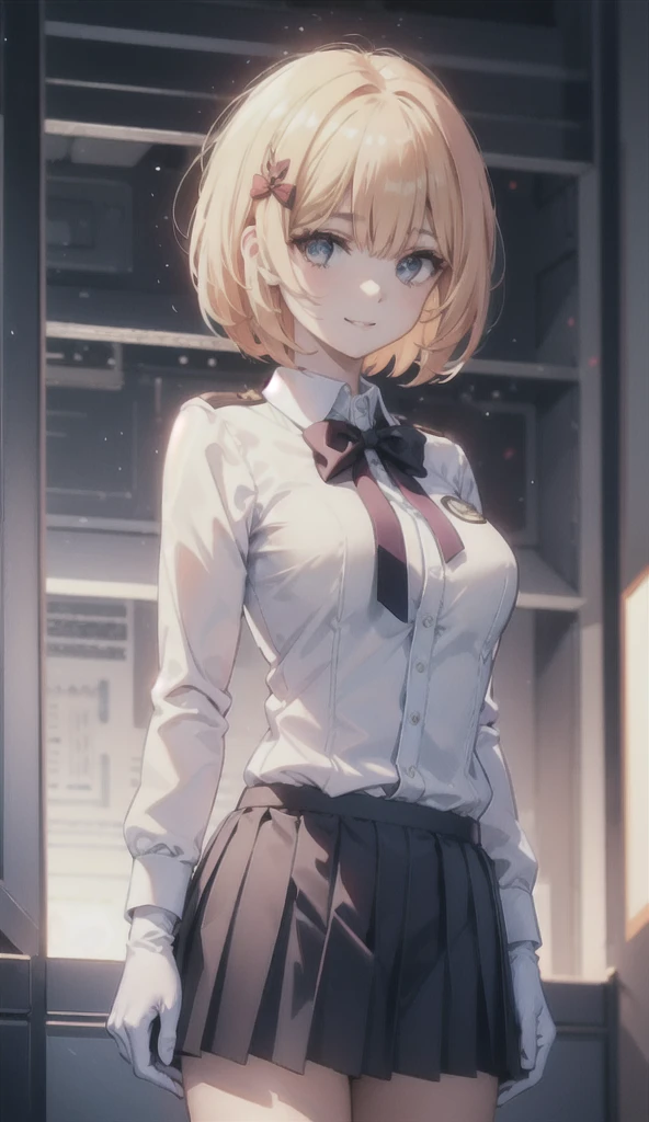 (8K, RAW photos, best quality, masterpiece:1.2), (Practical, photo-Practical:1.37), Extremely detailed,
1 girl,Lovely, Solitary,Beautiful and detailed sky,(Red and swollen nose),(Smile:1.1),(Shut up),Large Breasts, seductive Smile, Big Apartment, Professional lighting, Sony A7R4, Jersey 50mm F1.8,
Medium breasts,Beautiful and delicate eyes,(Collared shirt:1.1), bow tie,Pleated Skirt,(short hair:1.2),Flowing hair ,Long hair,Long-sleeved white gloves