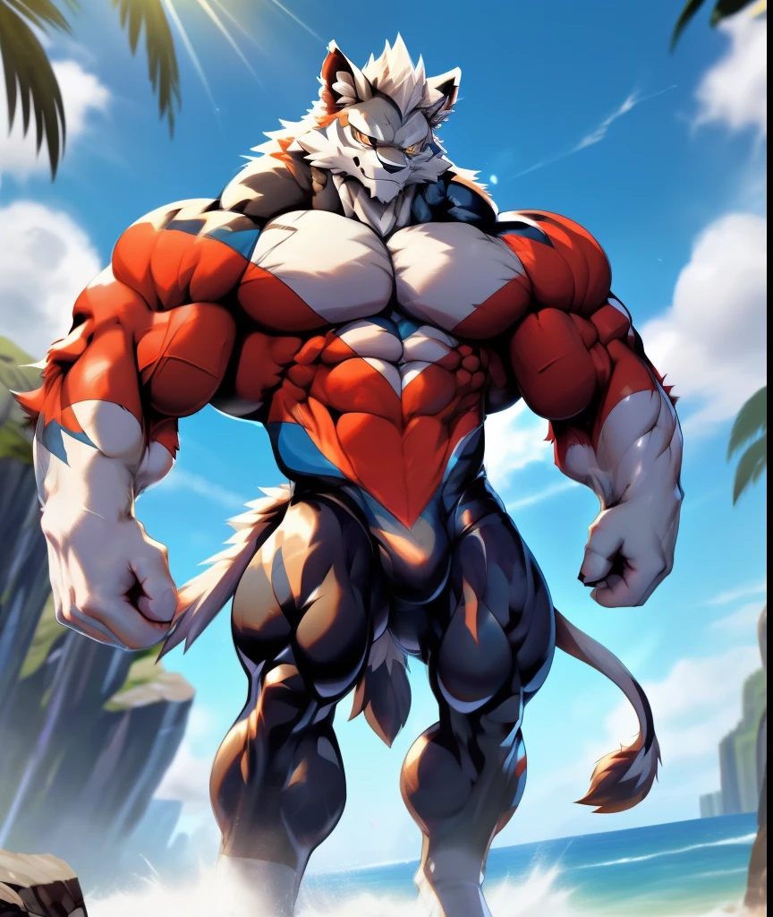 PRO competitive bodybuilder, nj5furry, (Leomon,, massive, huge, muscular, Gigachad), (((((wears a bodysuit))))) Leomon, YOUNG FACE, TEEN, ((extry realistic shadows, masterpiece, extremely detailed, photorealistic)), kemono, looking at the viewer, ((FRONT)), murderous look, Leomon, ((detailed face)) nose, red eyes, ((detailed eyes)), skin, fur, hair, mane, height 3 meters high, the optimal height, tight clothing, 300 lbs, body full of huge muscles; muscle and bulge pecs, huge pecs, ((massive pectorals)) ((huge pectorals)) ripped abs, V-shaped body, thick waist, long legs, strong arms manly, handsome face, attractive cool calm face type with a mischievous smile, topless. Big bulge in the crotch. Ruined temple with a waterfall in sight, day, sun, sunrays, clouds, birds. Reveals huge, muscular thighs, bulging biceps. A muscular bodybuilder in the making. A potential PRO competitive bodybuilder and bulging neck. Huge muscular thighs, round buttocks and round butt, voluminous buttocks ((Back)).