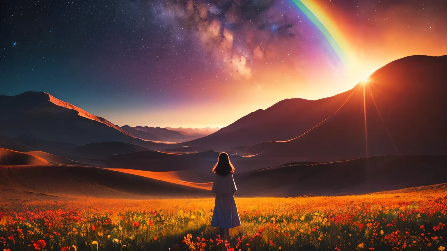 Vast landscape photography, (View from below、I see the sky and the desert), (((A girl standing in a flower field looking up))), (Take the key: 1.2), (shooting star: 0.9), (nebula: 1.3), Distant Mountain, Treebreak Production Art, (Warm light source: 1.2), (Pirilightso: 1.2), lights, Purple and Orange, Intricate details, Volumetric lighting, Realism BREAK (Master Parts: 1.2) (Better Quality), 4K, Ultra-detailed, (moving composition: 1.4), Extremely detailed and colorful, (Rainbow Core: 1.2), (Bright lighting, Atmospheric lighting), dreamer, Magic, (alone: 1.2)