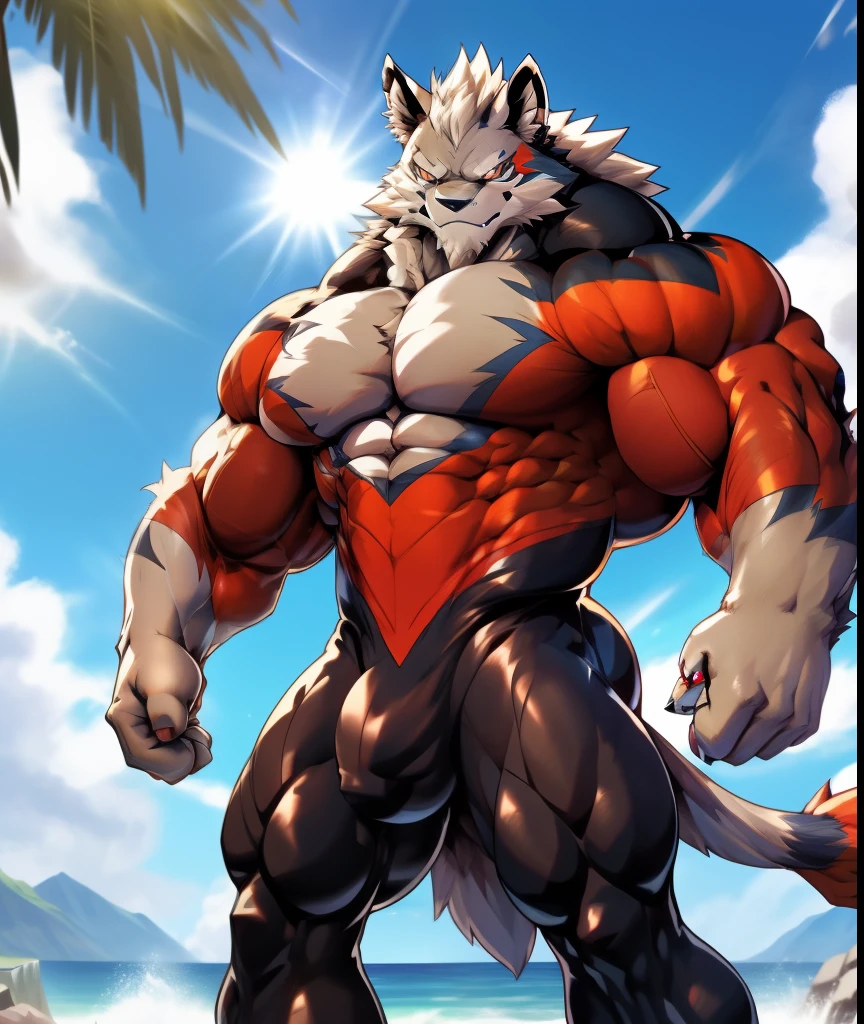 PRO competitive bodybuilder, nj5furry, (Leomon,, massive, huge, muscular, Gigachad), (((((wears a bodysuit)))))  Leomon, YOUNG FACE, TEEN, ((extry realistic shadows, masterpiece, extremely detailed, photorealistic)), kemono, looking at the viewer, ((FRONT)), murderous look, n, ((detailed face)) nose, red eyes, ((detailed eyes)), skin, fur, hair, mane, height 3 meters high, the optimal height, tight clothing, 300 lbs, body full of huge muscles; muscle and bulge pecs, huge pecs, ((massive pectorals)) ((huge pectorals)) ripped abs, V-shaped body, thick waist, long legs, strong arms manly, handsome face, attractive cool calm face type with a mischievous smile, topless. Big bulge in the crotch. Ruined temple with a waterfall in sight, day, sun, sunrays, clouds, birds. Reveals huge, muscular thighs, bulging biceps. A muscular bodybuilder in the making. A potential PRO competitive bodybuilder and bulging neck. Huge muscular thighs, round buttocks and round butinous buttocks ((Ba.