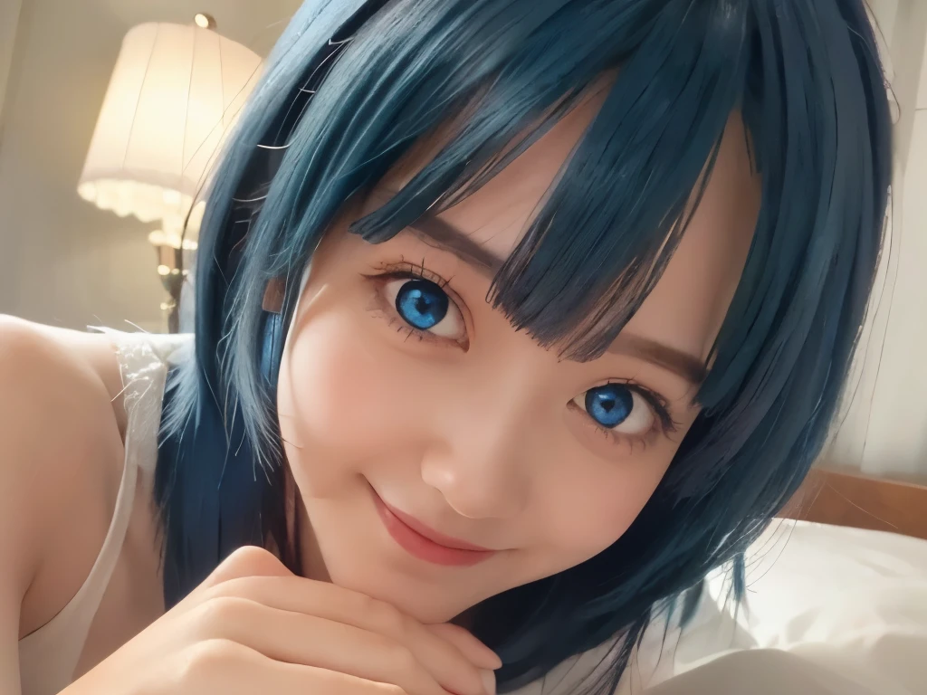 ((masterpiece)), ((Highest quality)), (Super detailed), pretty girl, One girl, alone, , ((Beautiful Eyes)), smile,On the bed, Beautiful Blue Hair