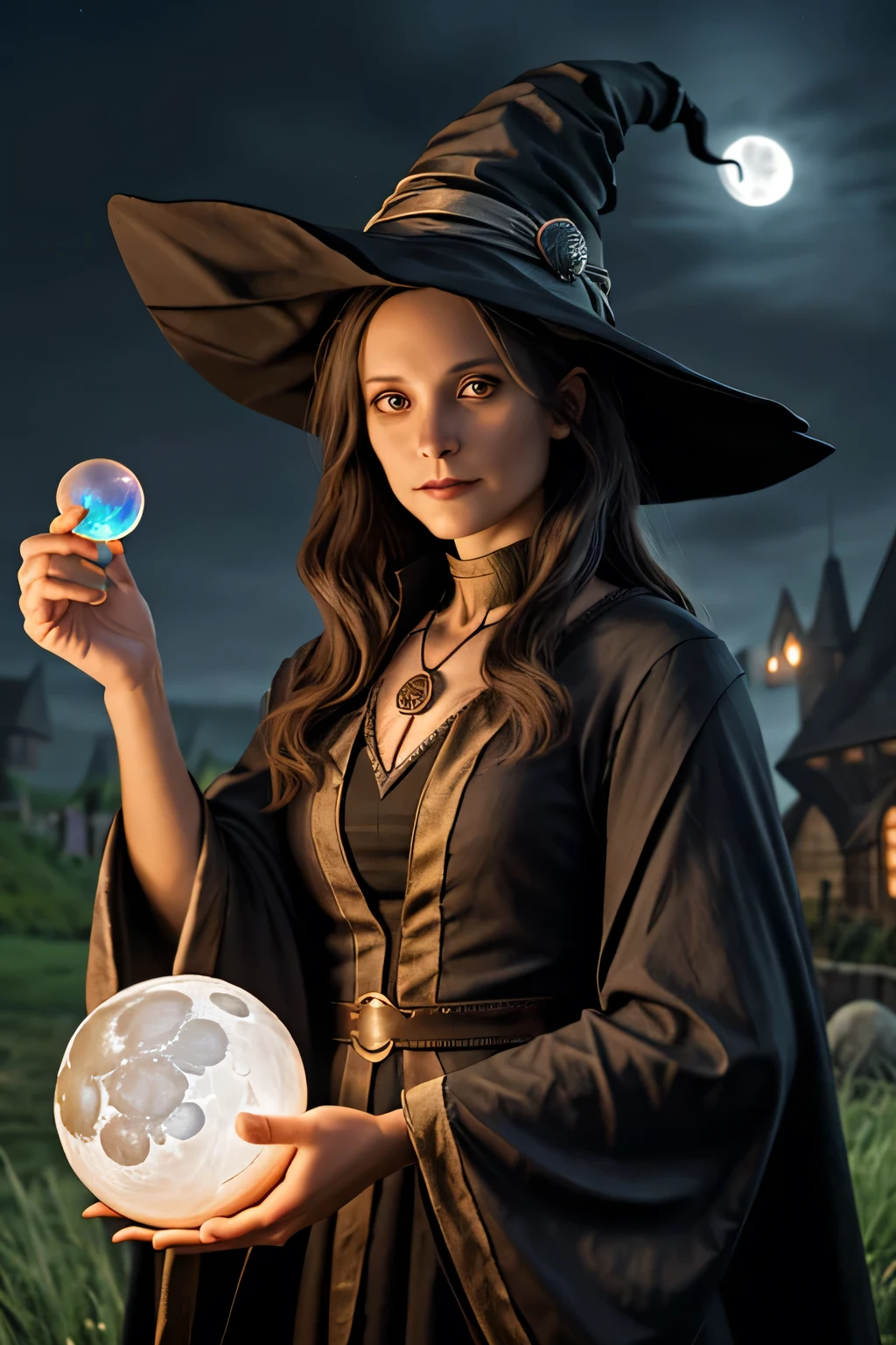 1 witch female, looking at the viewer, in front of her cauldron, holding a crystal ball in her hands, night with moon in the background, fantasy, (realistic face), half body,