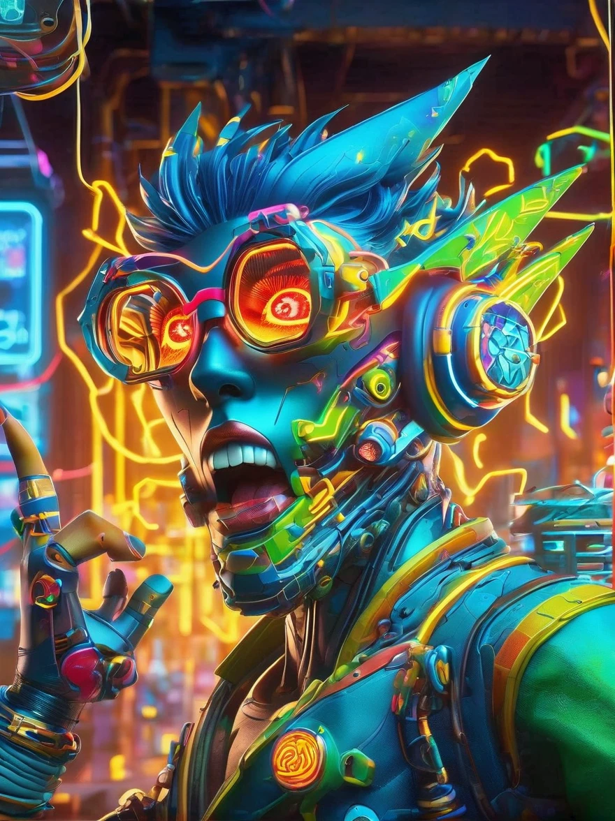 best quality, masterpiece, 3d, Pixar Artwork, Electronic variants, (Cartoon mechanical zombie wearing heart shaped glasses in a factory:1.5)，((Glasses focus))，in a dynamic dancing pose within a colorful virtual reality world teeming with neon lights and vibrant holograms, The scene bears the influences of both pop art and graffiti, a truly cyberpunk-inspired ensemble with explosive energy, created using digital painting methods and radiant, glowing effects