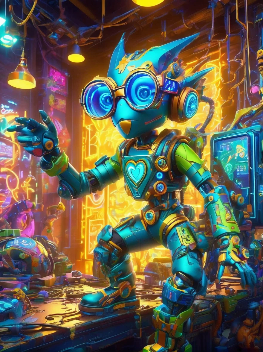 best quality, masterpiece, 3d, Pixar Artwork, Electronic variants, (Cartoon mechanical zombie wearing heart shaped glasses in a factory:1.5)，((Glasses focus))，in a dynamic dancing pose within a colorful virtual reality world teeming with neon lights and vibrant holograms, The scene bears the influences of both pop art and graffiti, a truly cyberpunk-inspired ensemble with explosive energy, created using digital painting methods and radiant, glowing effects