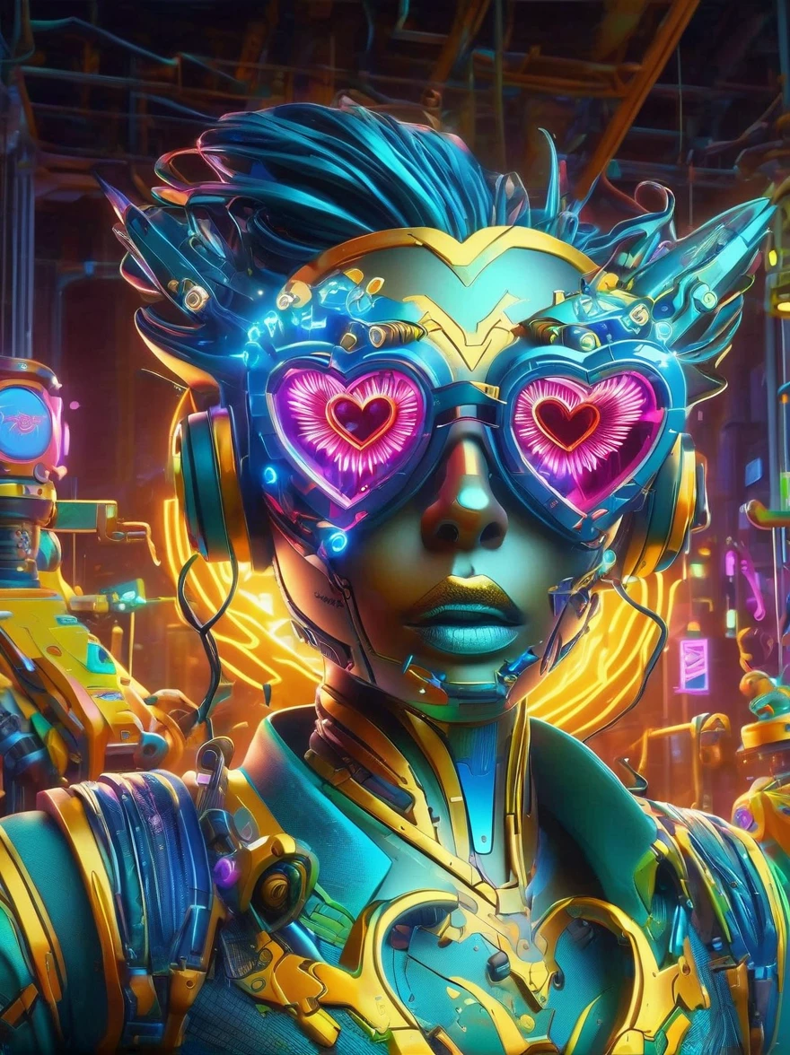 best quality, masterpiece, 3d, Pixar Artwork, Electronic variants, (Cartoon mechanical zombie wearing heart shaped glasses in a factory:1.5)，((Glasses focus))，in a dynamic dancing pose within a colorful virtual reality world teeming with neon lights and vibrant holograms, The scene bears the influences of both pop art and graffiti, a truly cyberpunk-inspired ensemble with explosive energy, created using digital painting methods and radiant, glowing effects