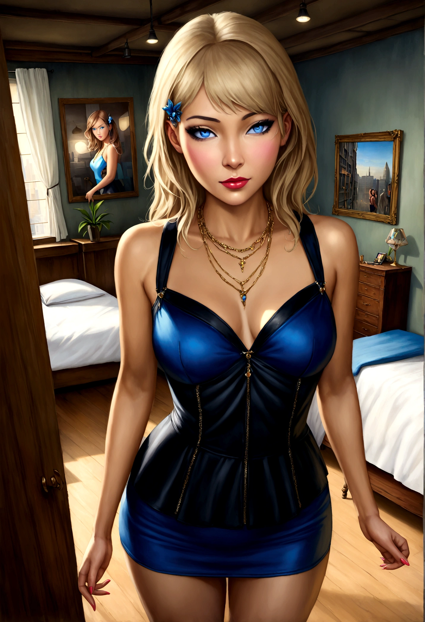 Pale face and eyes、Super thin face and blue eyes:1.5, blue eyes:1.3、woman, Portraiture, (((In the bedroom))),Overhead Camera, Sharp focus, good looking,Plump legs, skinny,Professional Lighting,city, Eyeliner,Gold Necklace,Rendered eyes,Tall body,Adult woman,hair ornaments,Most viewed on Instagram,formula wallpaper, Official Art,(K-Pop Idols), mini skirt, Half-closed eyes,building,((Photorealistic paintings by Midjourney and Greg Rutkowski)),((supermodel))、Light brown hair