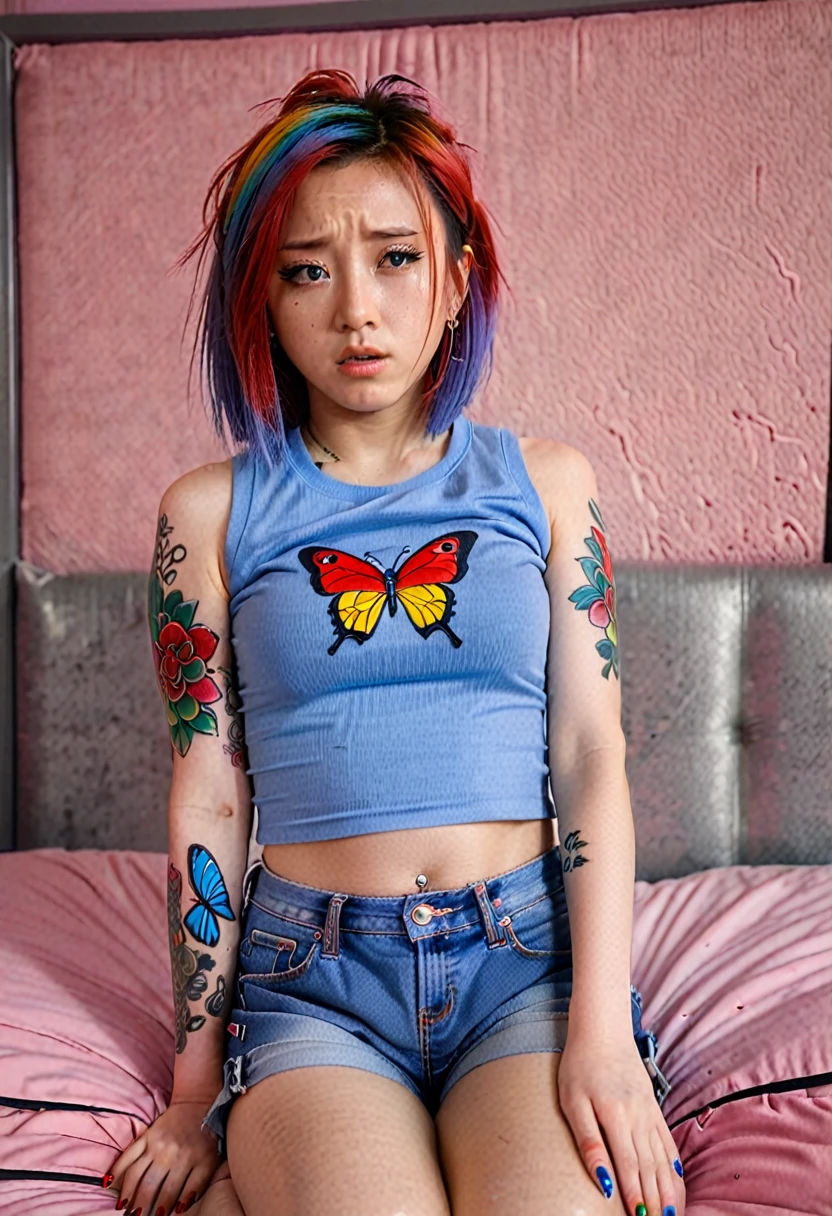 Uhd, photo of Cami, subject: Noriko, 1/2 Japanese 1/2 Hainu skinny girl in blue bed with long red hair, blue+++ eyes, oval face, LGBTQIA+, queer, punk style, wearing short blue top and blue jeans shorts, buttefly hairclip, tattooes. She is very sad, crying,, she is hugging the blue pillow. Backgroundd: rainbow wall.