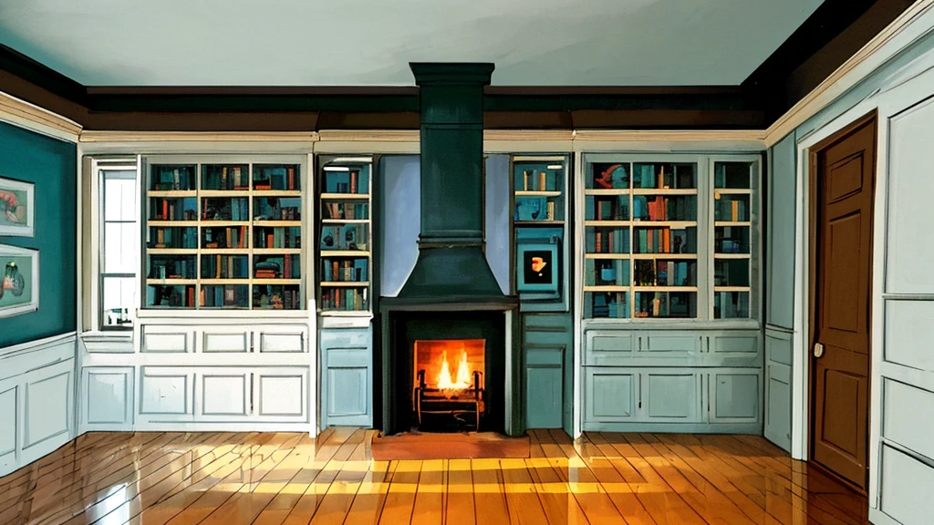 Disney cartoon style, a stylish and classic room in the 1960s in America, with a wooden baseboard, a plain floor, one wall of the room is covered with a classic wooden bookcase that is full of books, a stylish fireplace in be a room.